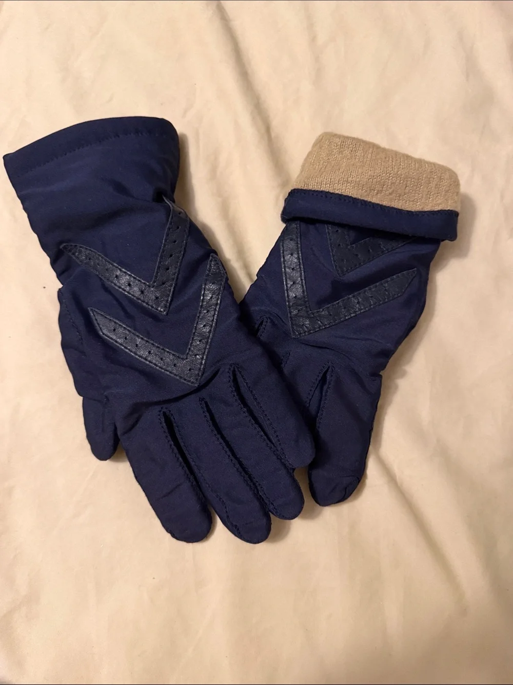 isotoner Navy Gloves with Tan Cuff and Chevron Accents